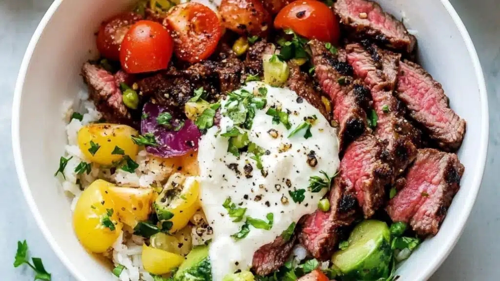 steak bowls with tomatoes, cucumbers and other vegetables