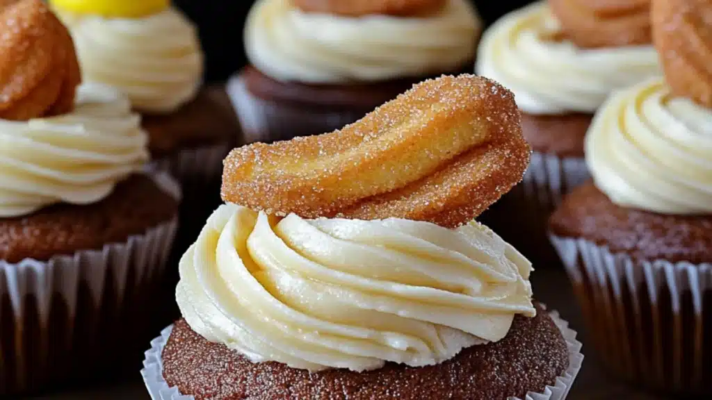 several cupcakes with white frosting and yellow decorations on top are sitting on a wooden table