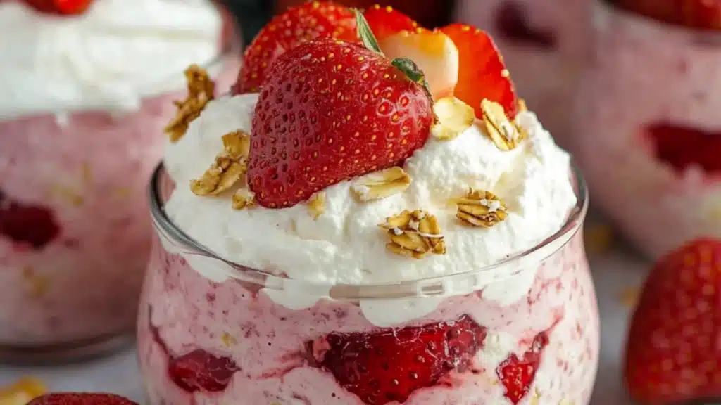 strawberry and cream overnight oats in small jars