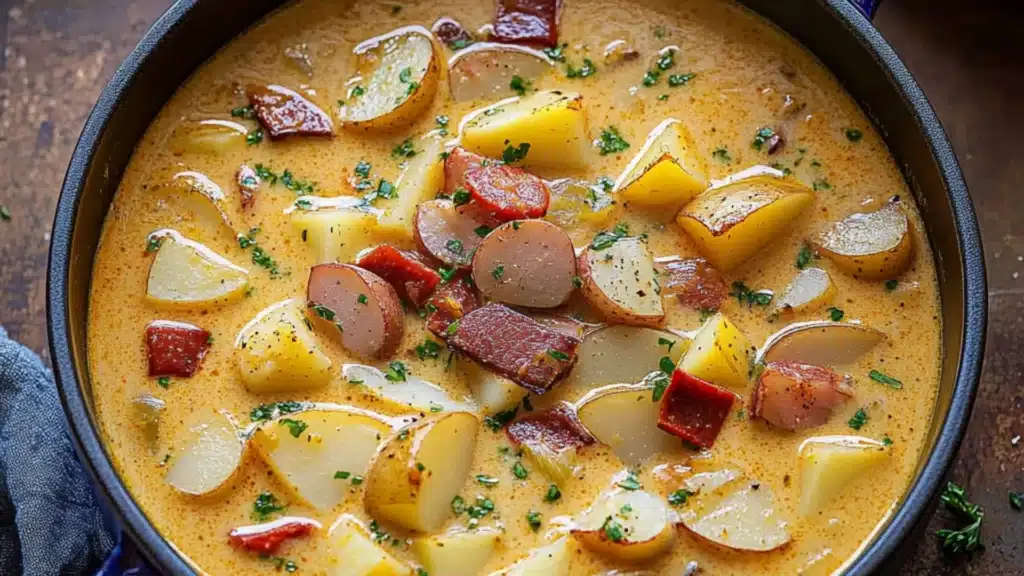 two bowls filled with cajun potato soup on top of a table