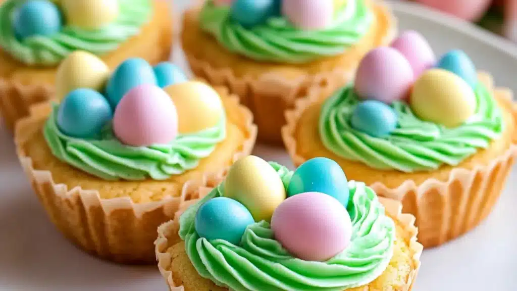 an easter cookie cupcake with green frosting and colorful eggs