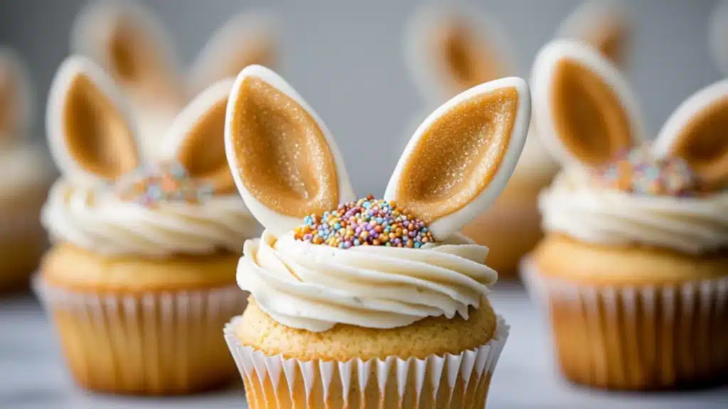 four cupcakes decorated with chocolate bunny ears and pink frosting, on a table