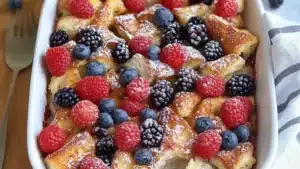 berry french toast casserole on a white plate