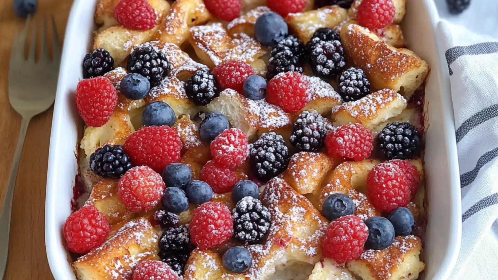 berry french toast casserole on a white plate