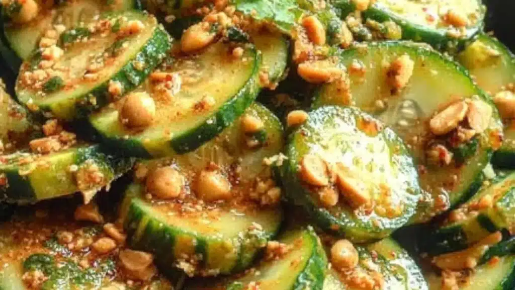 cucumbers in spicy peanut sauce on a plate with text overlay that reads cucumbers in spicy peanut sauce
