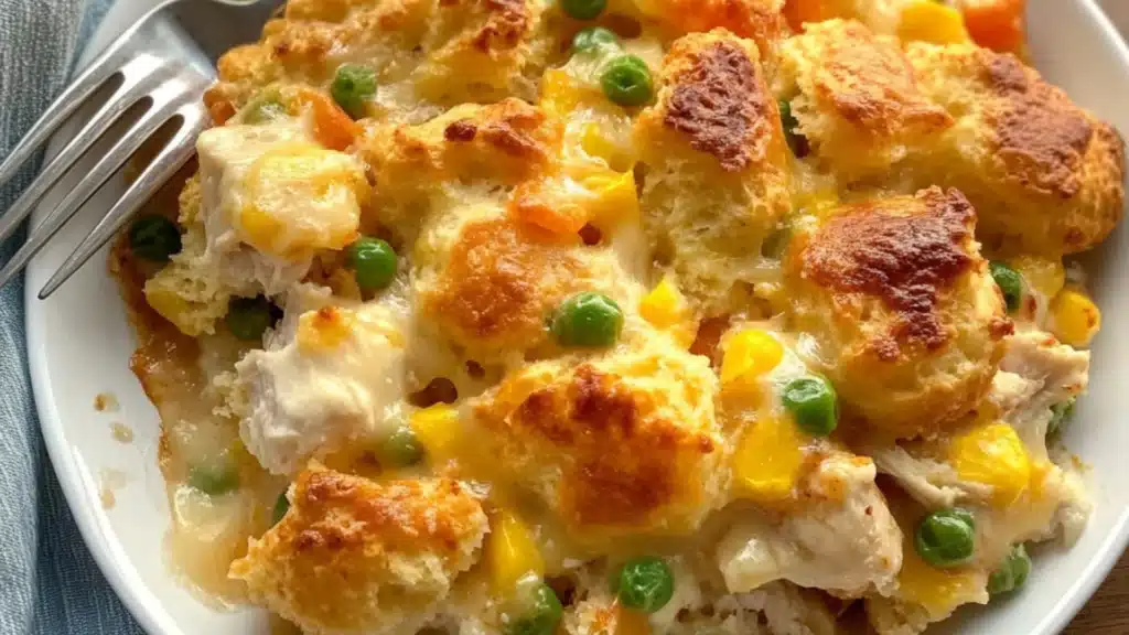 chicken cobbler casserole with cheese and crackers on the side is shown