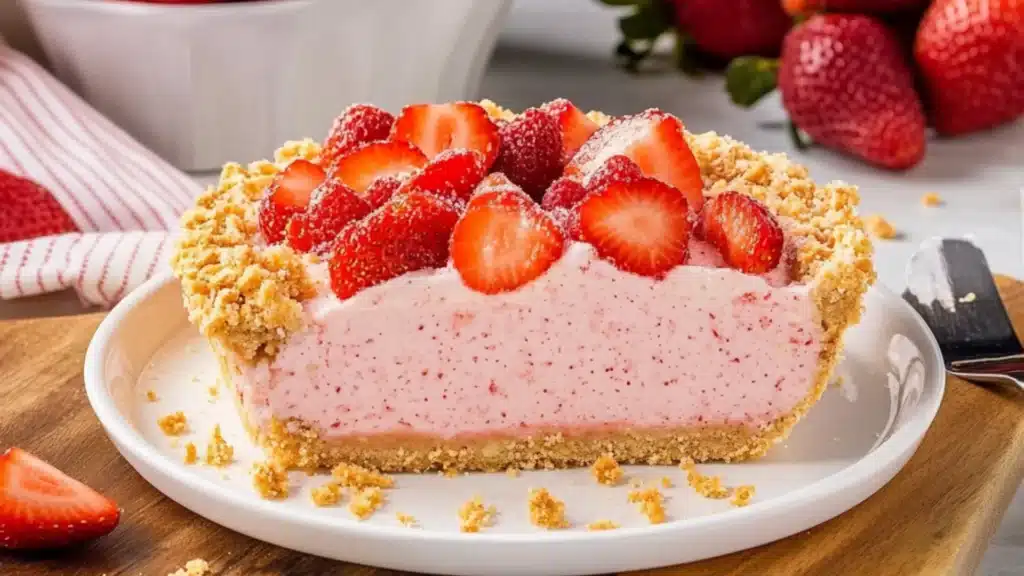 strawberry shortcake freezer pie on a white plate with pink sprinkles