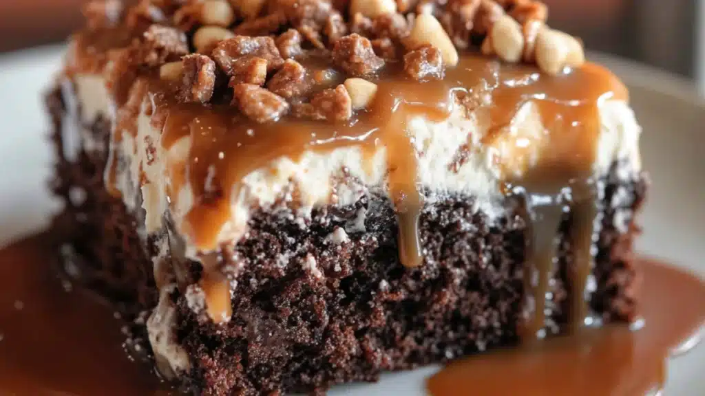 a piece of cake with chocolate and nuts on top