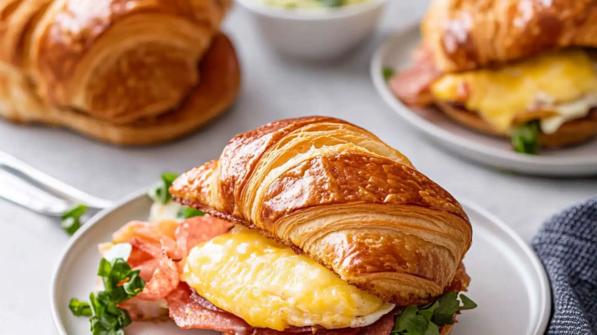 croissant breakfast sandwiches with ham and cheese