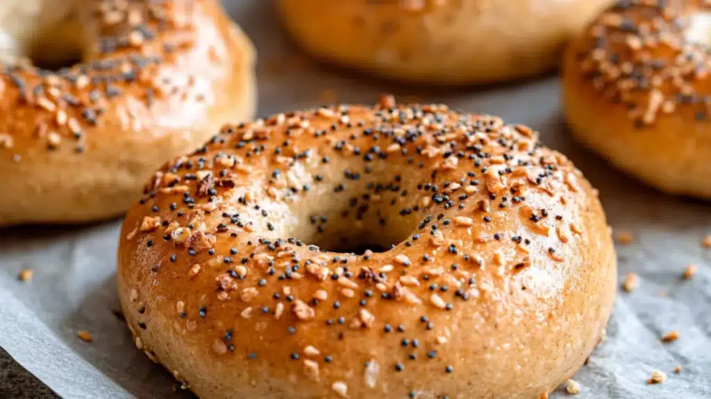 three bagels with sesame seeds and ketchup on the side text overlay reads greek yogurt protein bagels