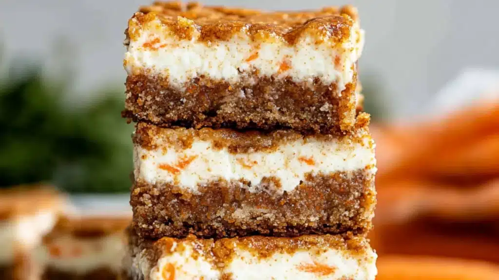 carrot cake cheesecake bars on a cooling rack with carrots and other dessert items