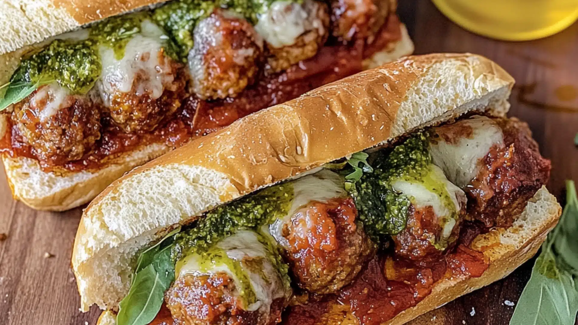 two pictures of meatball subs with cheese and sauce on them, one is cut in half