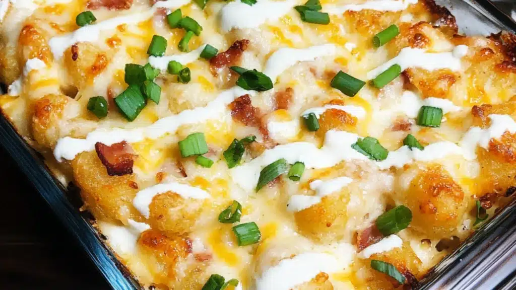 Chicken bacon ranch tater tot casserole, cheesy tater tot casserole, easy weeknight dinner, family-friendly meal, comfort food recipe