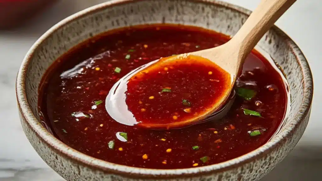 a spoon full of dragon sauce on top of a bowl filled with beans and garnish