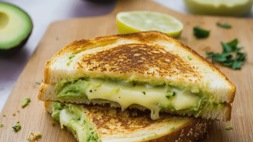 the grilled cheese sandwich is loaded with creamy avocado and cheesy