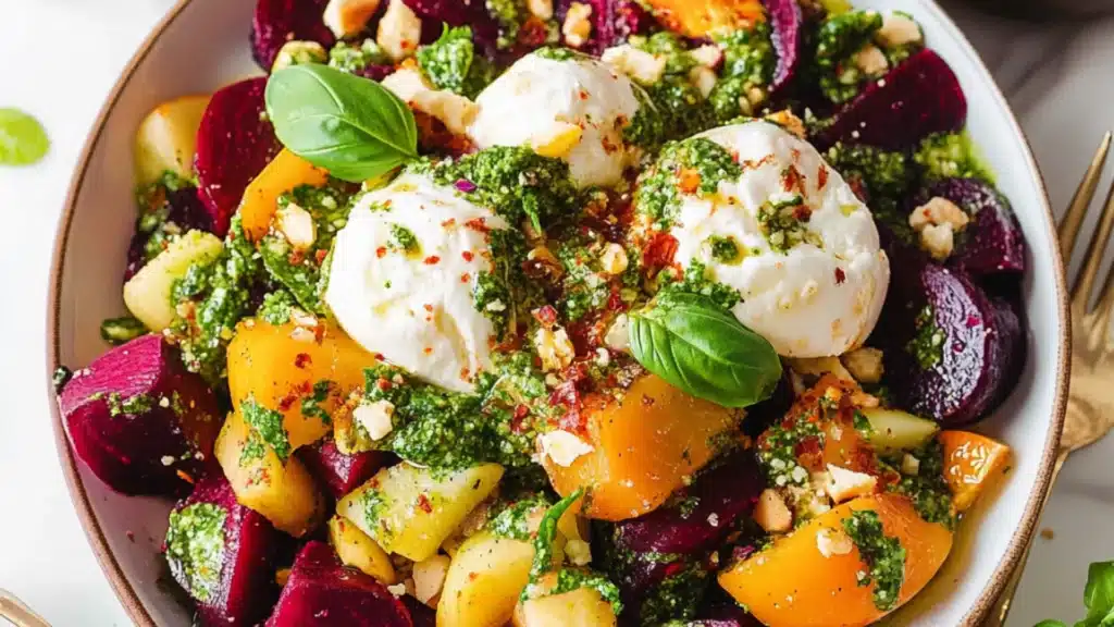 a bowl filled with beets, carrots and an egg on top of it
