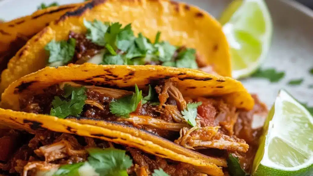 the crock pot burrito tacos are served with salsa and lime wedges