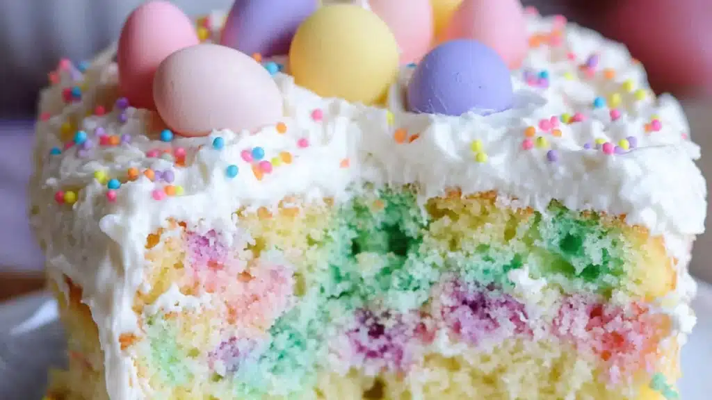 festive easter poke cake recipe with marshmallows and colored frosting on top