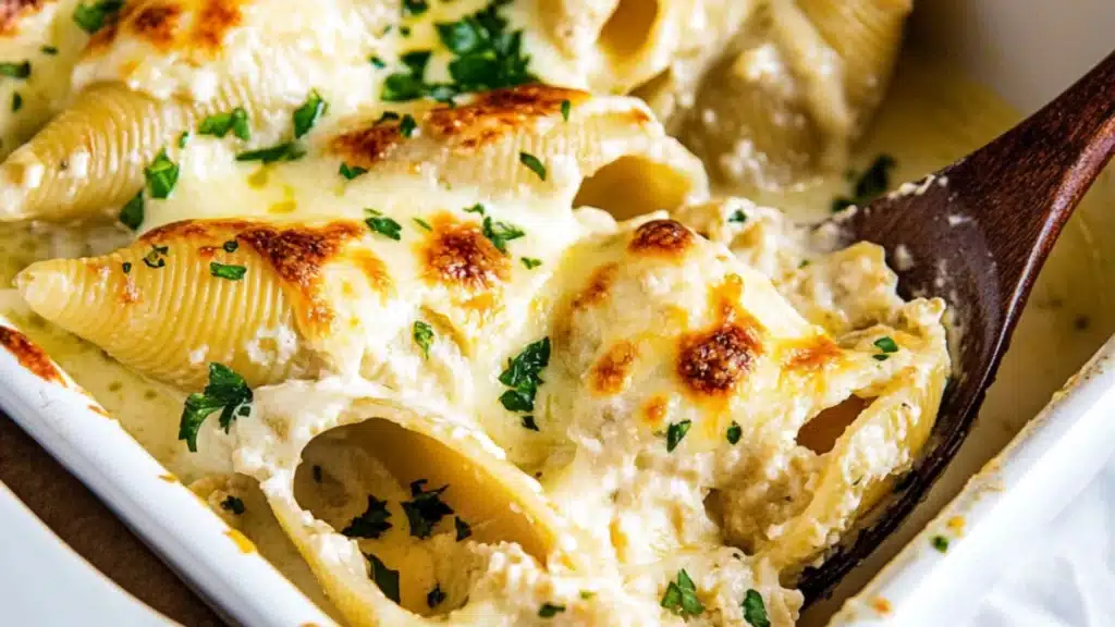 garlic butter chicken alfredo stuffed shells in a skillet with text overlay that reads garlic butter chicken alfredo stuffed shells