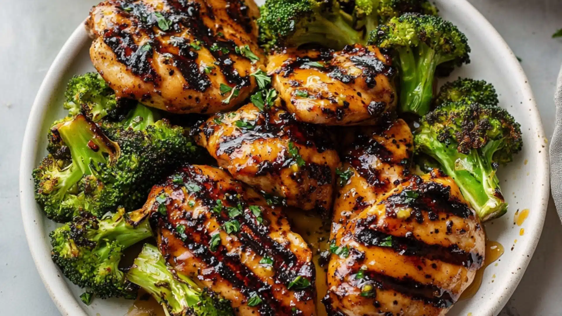 grilled chicken and broccoli bouils with creamy garlic sauce in a bowl