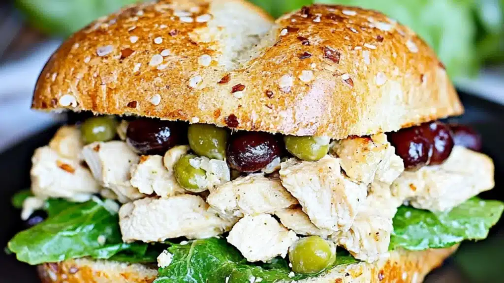 delicious chicken caesar croissant sandwich with lettuce and tomato sauce on it