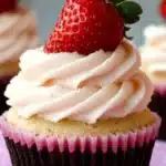 cupcakes with white frosting and strawberries on top