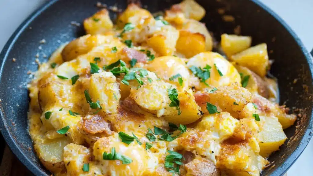 two plates filled with potato egg scramble on top of a wooden table next to an orange napkin