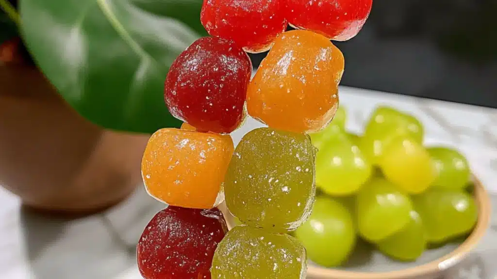 a person is holding some fruit on a stick with gummy bears and strawberries