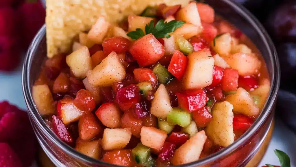 fruit salsa with cinnamon and sugar tortilla chips in glass bowls on a table