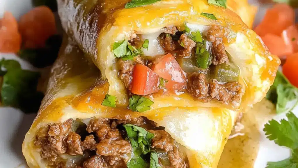 two burritos with meat and cheese on a plate