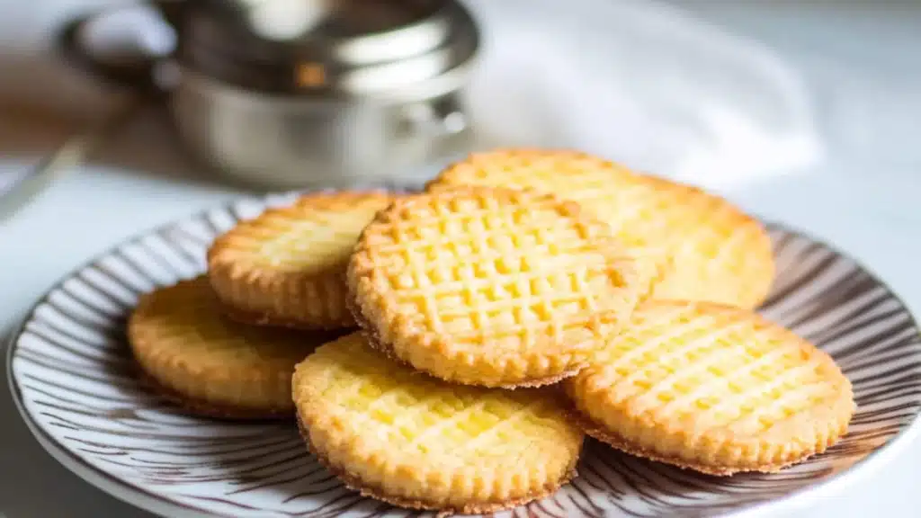 several sugary cookies stacked on top of each other with the words french butter cookies above them