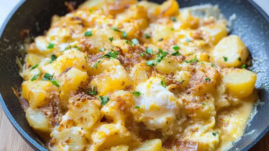 two plates filled with potato egg scramble on top of a wooden table next to an orange napkin