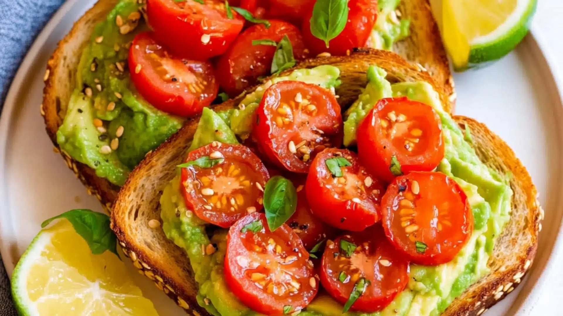 two pieces of toast with avocado and tomatoes on it sitting on a plate