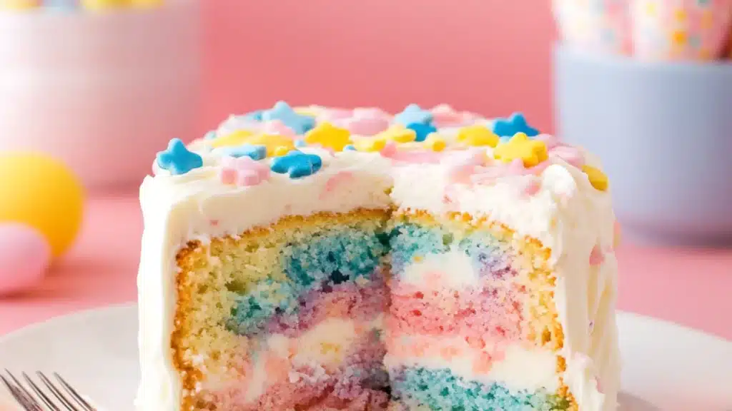 an easy rainbow cake that is ready to be eaten and put on the table for easter