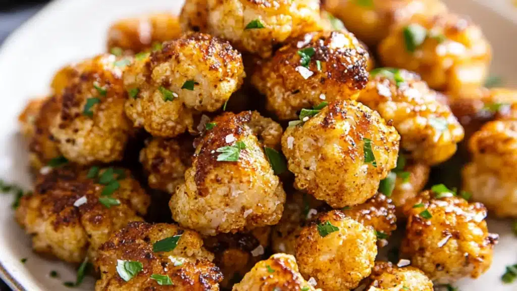 Two images showcasing the Vegan Lemon Pepper Glazed Cauliflower Recipe. The first image features the finished dish, glistening with a tasty glaze, while the second image shows the cooking process with spices. A zesty, healthy recipe for plant-based m...