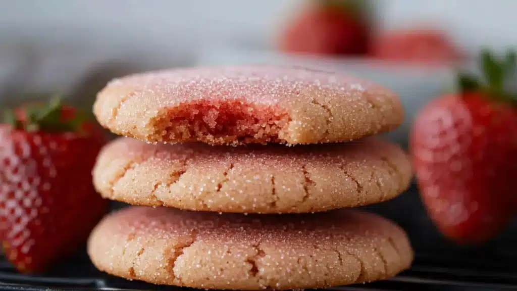 red cookies and strawberries are arranged on a black tray, ready to be eaten