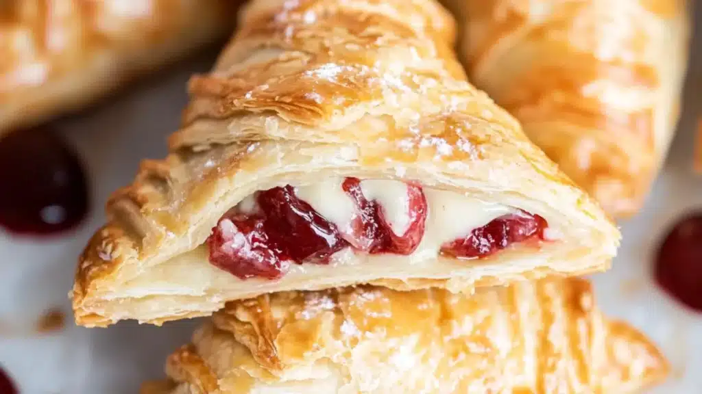 croissants filled with jelly and cream on a baking sheet, ready to be eaten