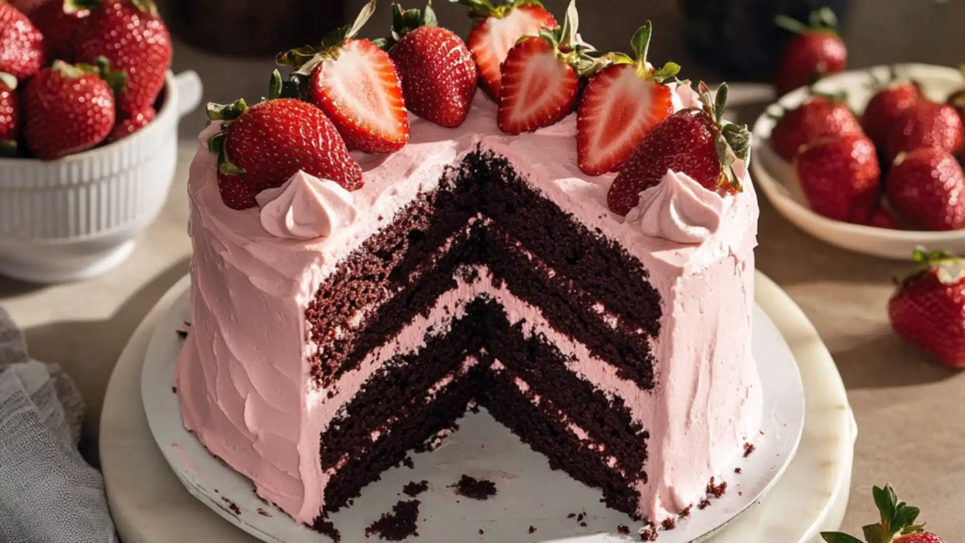 two slices of chocolate cake with strawberries on the side and one slice cut out