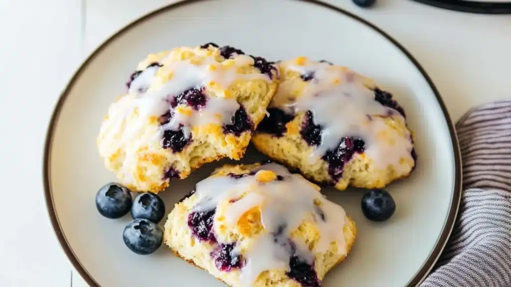sweet blueberry biscuits on a baking sheet with text overlay that reads, sweet blueberry biscuits