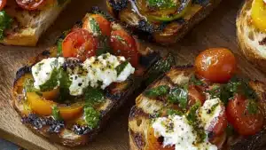 two pieces of bread with tomatoes and cheese on them sitting on a gold platter