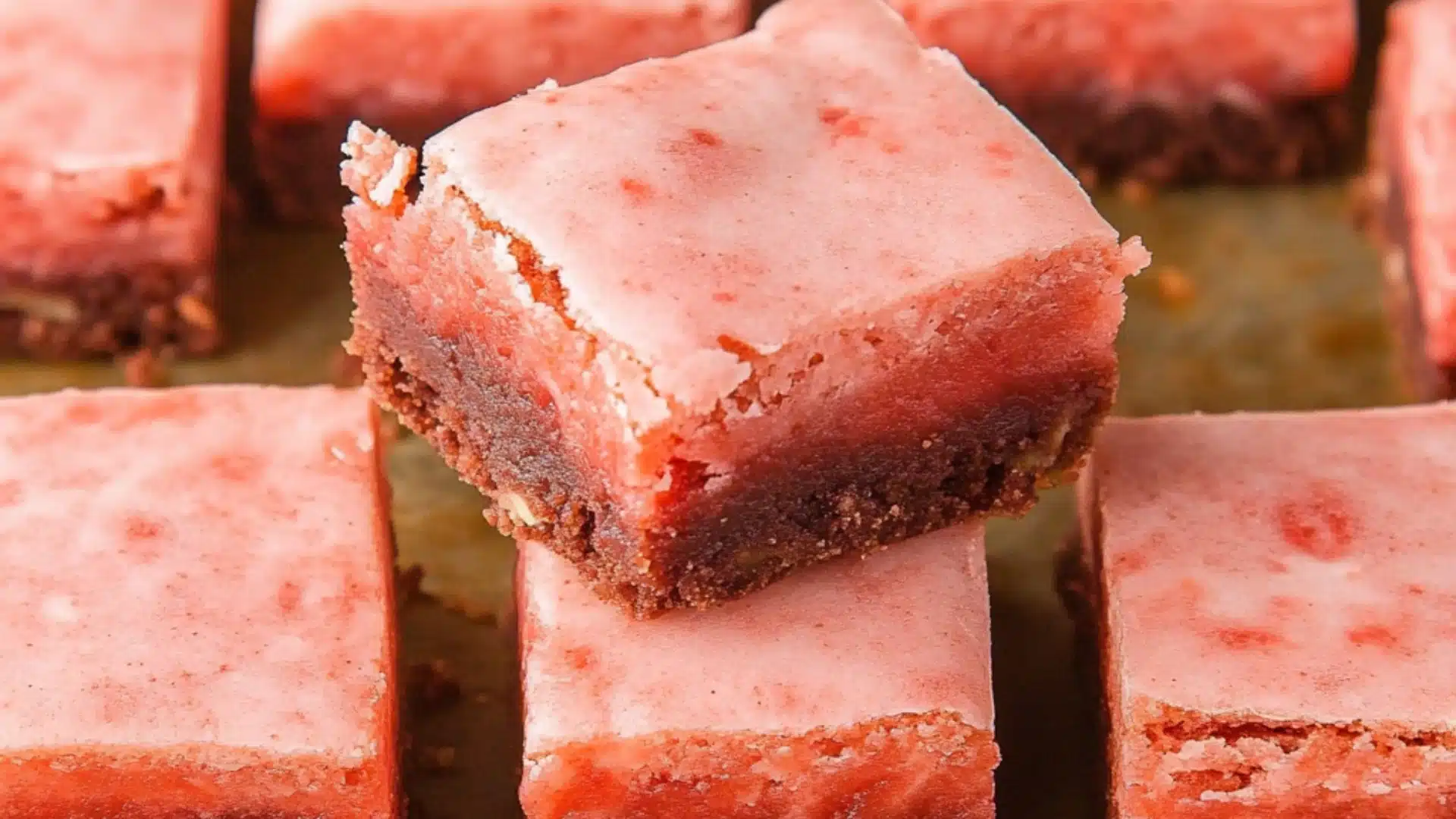 the best strawberry brownies made with cake mix and fresh strawberries are ready to be eaten