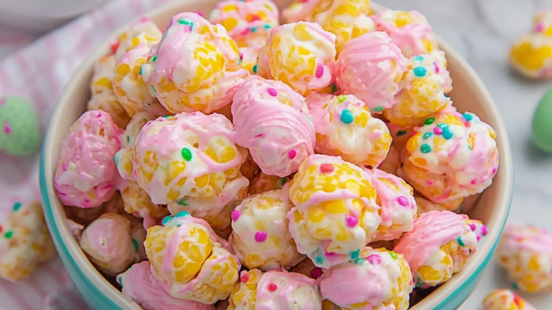 a bowl filled with pink and yellow sprinkles next to a plate full of cookies