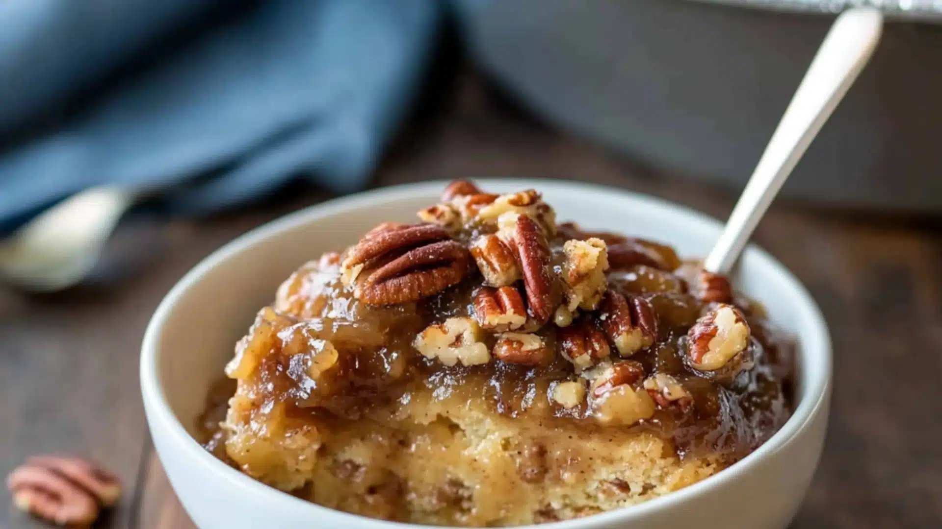 pecan pie pudding cake in a white bowl