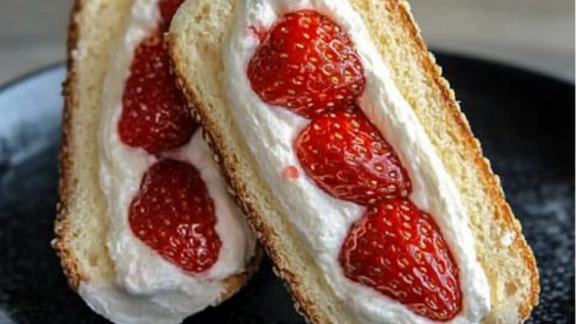 two halves of strawberry sandwich on a white plate with strawberries in the background and text overlay reading 4 ingredient strawberry sando