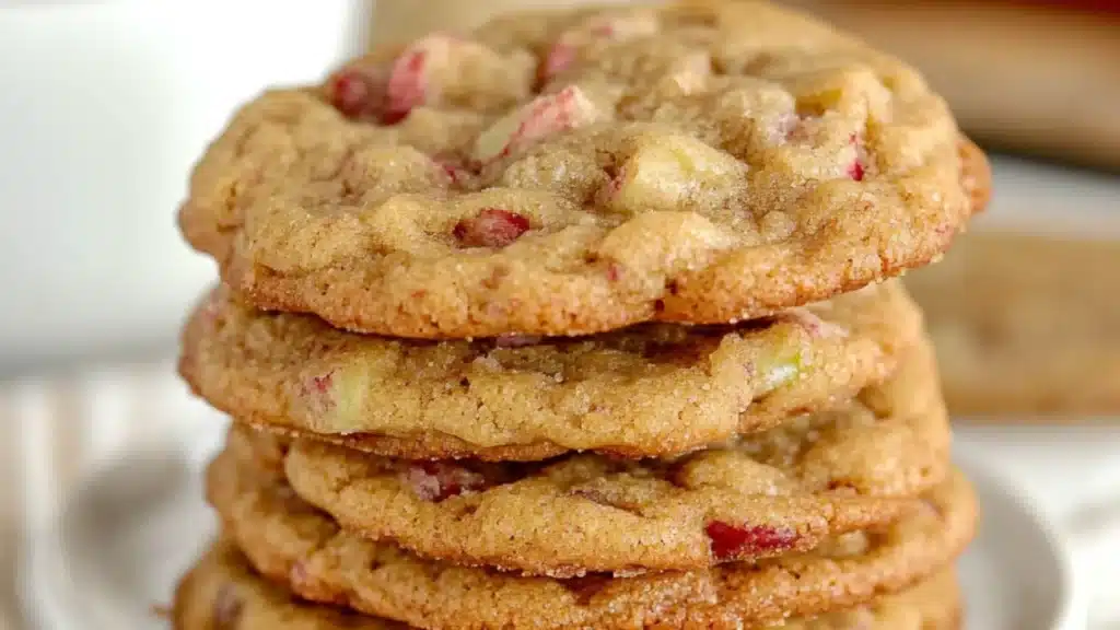 a stack of rhubarb cookies sitting on top of a white plate