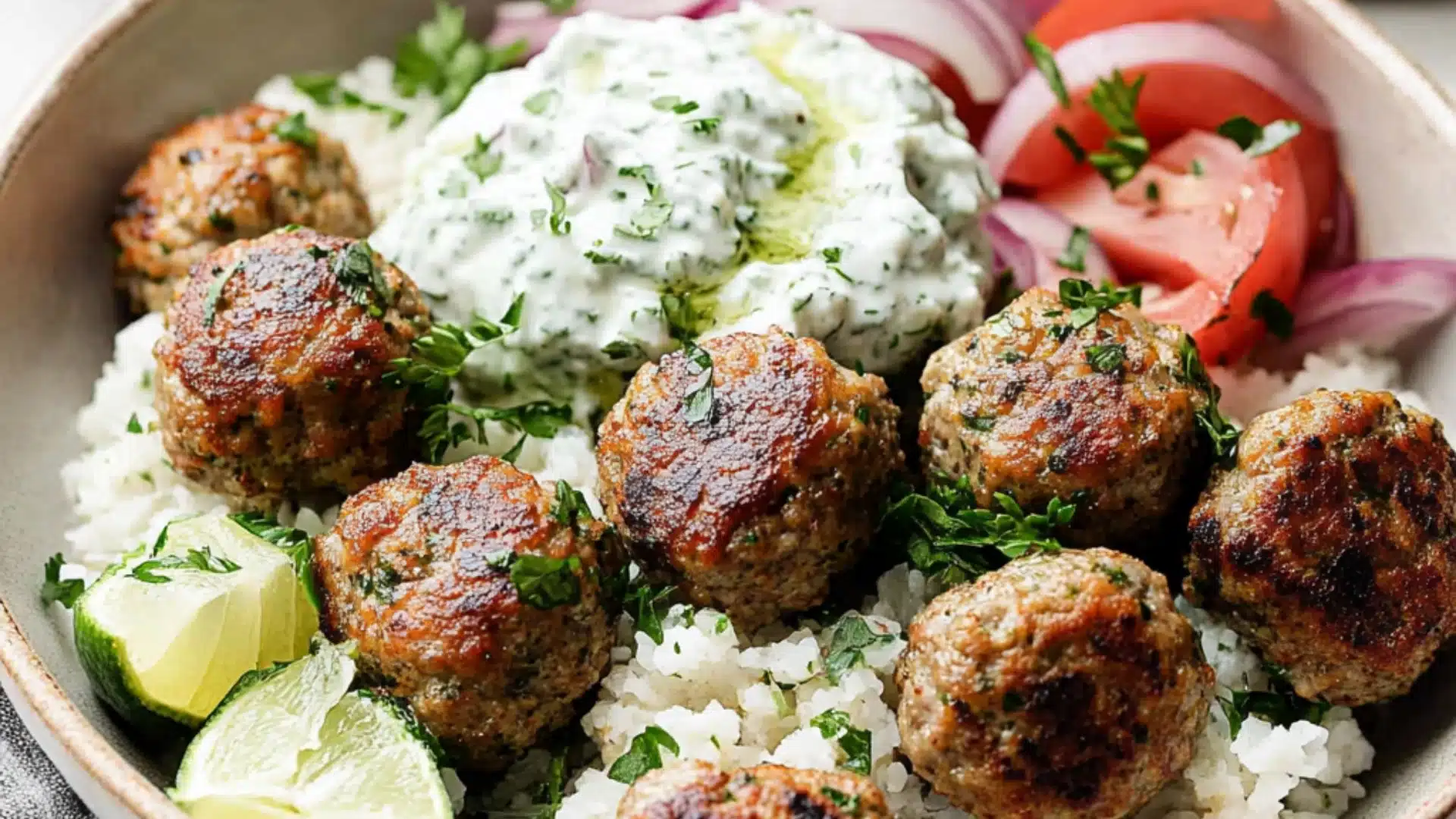 greek turkey meatballs with tzatzziki on a white plate and in the background