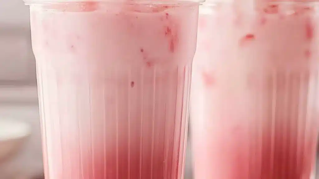 pink coconut iced latte with whipped cream and sprinkles on the side
