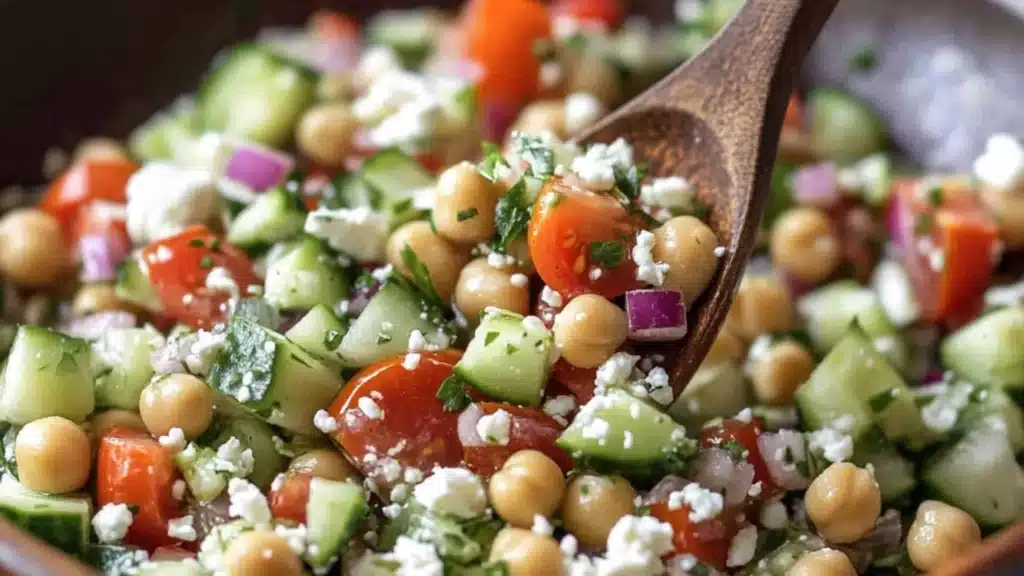 chickpea cucumber salad in a jar with text overlay that says quick and easy healthy