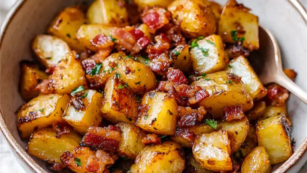 this is an image of roasted potatoes with bacon