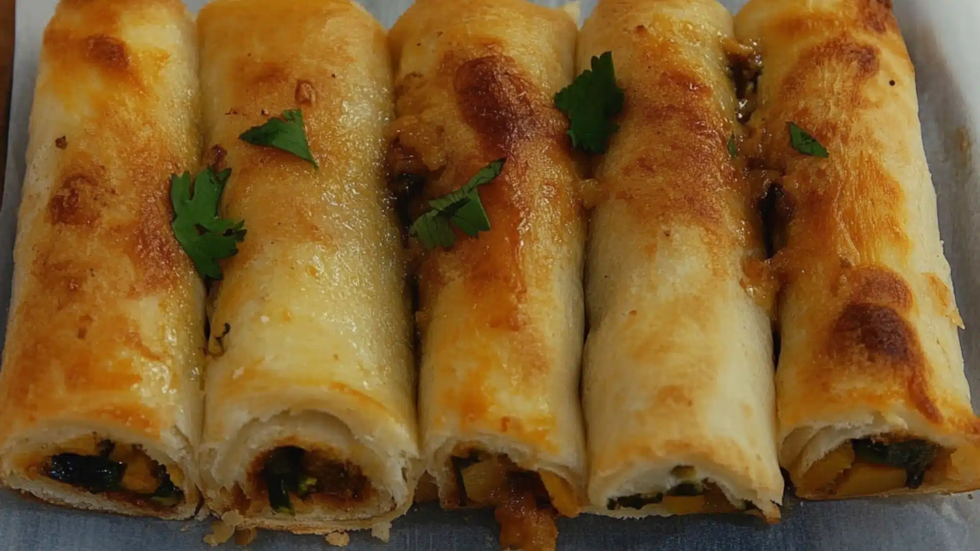 baked veggie rolls on a white plate and in a pan with the words baked veggie
